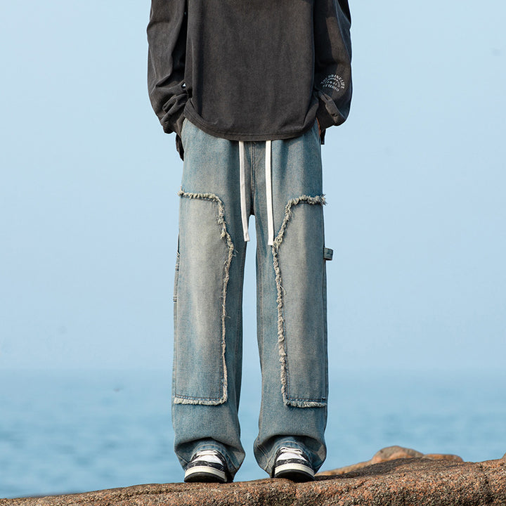 Men's Wide Denim Cargo Pants with Fringed Patch Pockets and Drawstring Waist Drune