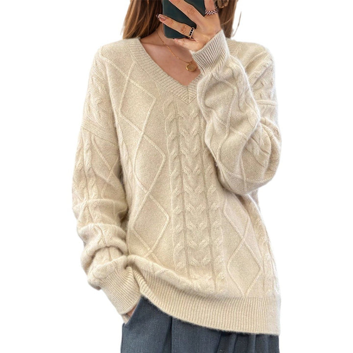 Ladies nan cuddly V-neck cable knit sweater with oversized cut and ribbed finishes Mune Fashion