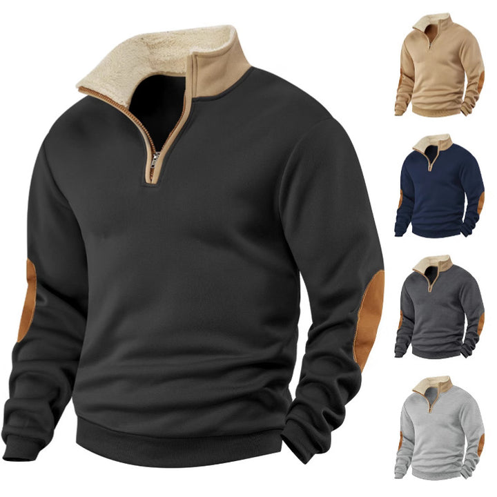 Men's Sherpa-lined half-zip pullover with stand-up collar and leather elbow patches Mune Fashion