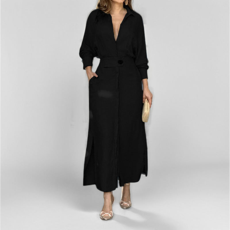 Women’s Linen Maxi Dress with Shirt Collar, Waist Belt and Side Slits Mune Fashion