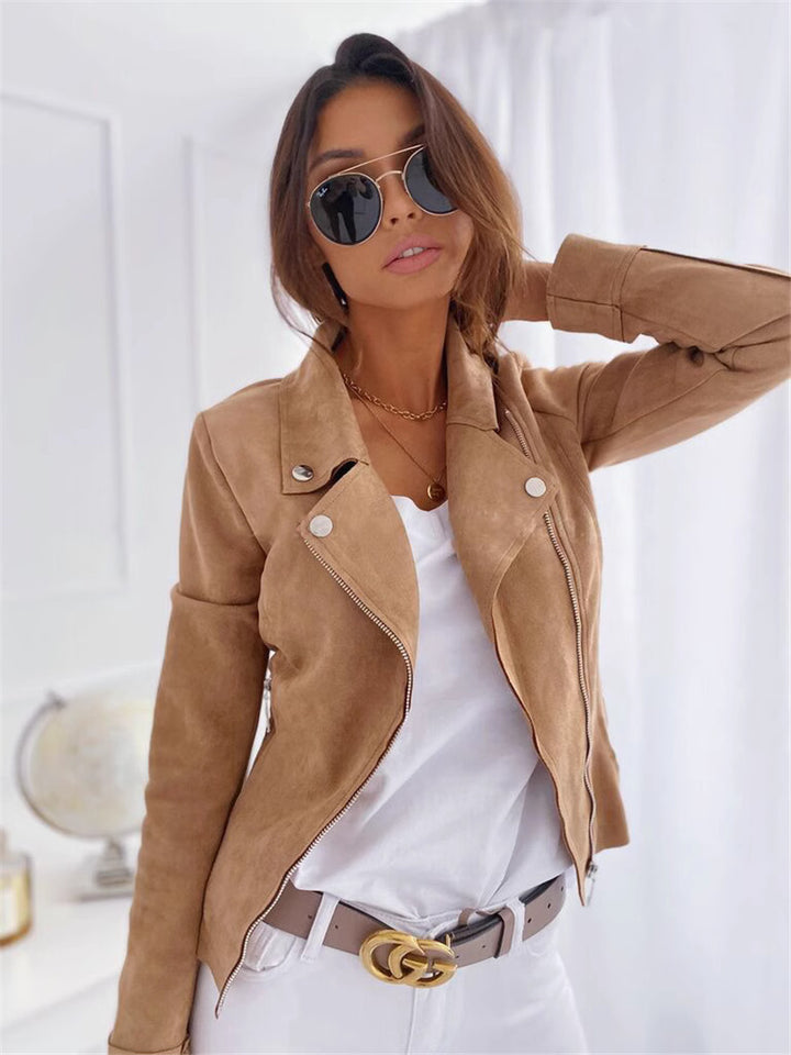 Women nan short suede look biker jacket with asymmetric lapel collar, visible metal zippers, and fitted silhouette Mune Fashion