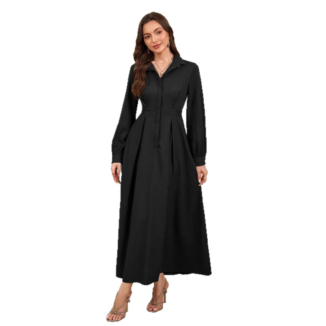Ladies long shirt dress with waist belt, concealed button placket and balloon sleeves Mune Fashion