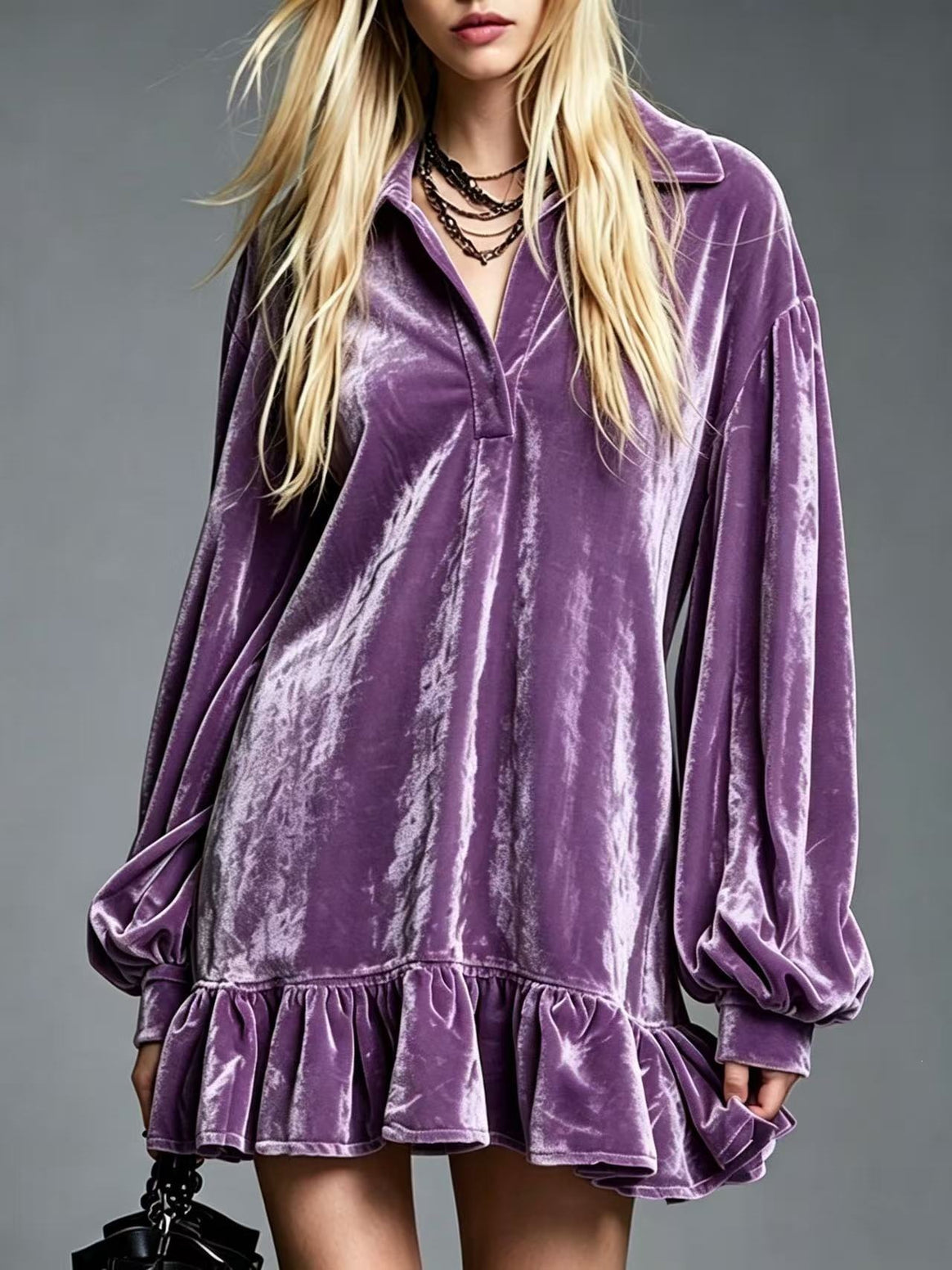 Ladies Velvet Mini Dress with Ruffled Hem, Balloon Sleeves and Shirt Collar Mune Fashion