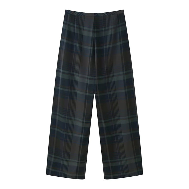 Women's wide check trousers with high waist, flowing wide-leg silhouette and concealed elastic waistband Mune Fashion