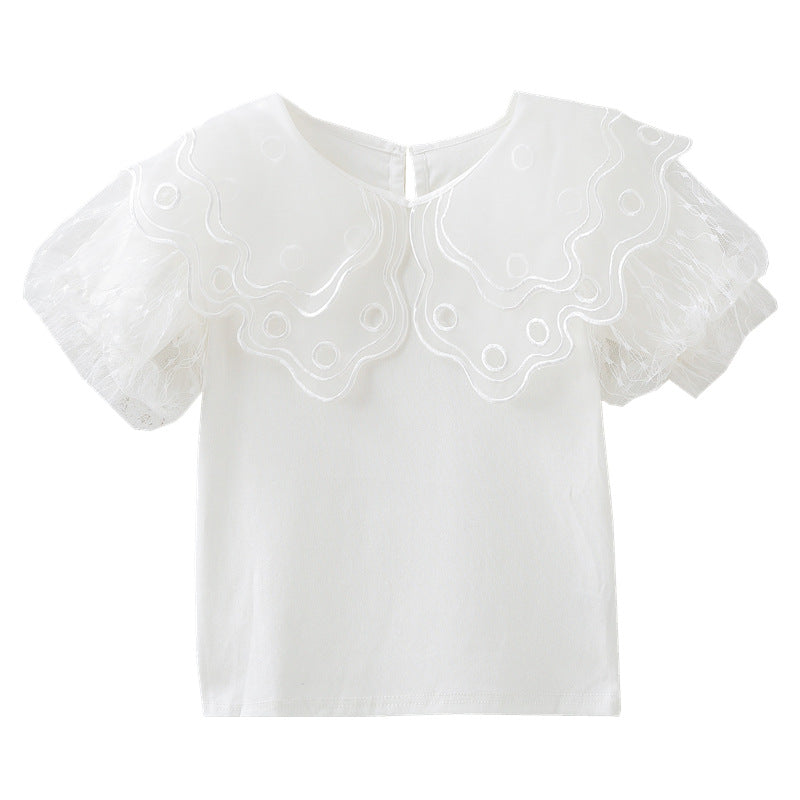 Girls blouse with transparent tulle sleeves and floral design Mune Fashion