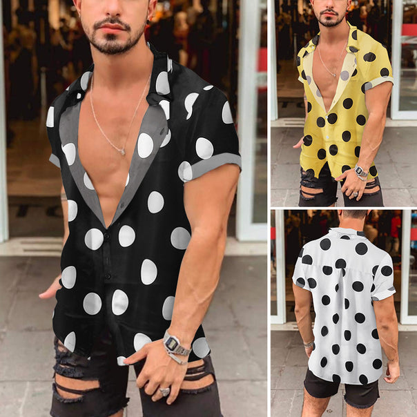 Men's short-sleeved shirt with large polka dot print, deep lapel collar and open button placket Mune Fashion