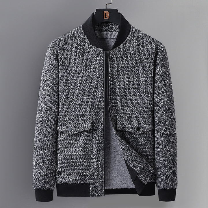 Men’s structured knit bomber jacket with applied patch pockets, ribbed cuffs, and discreet zipper Mune Fashion