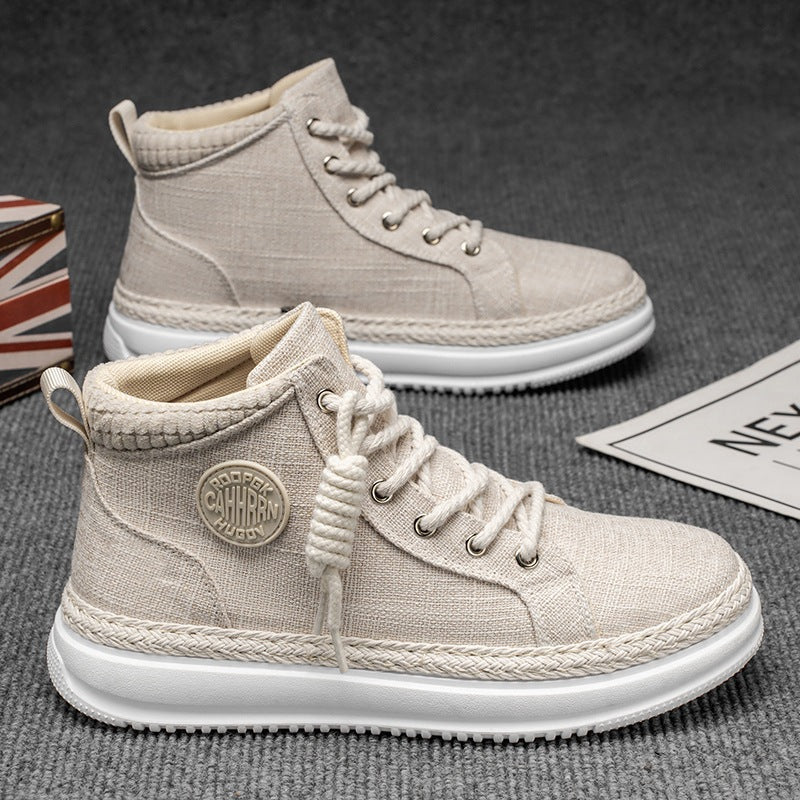 Women's high casual sneakers with mottled textile upper material, braided jute decorative edge, and cushioned platform sole Mune Fashion