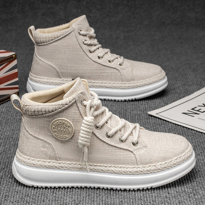 Women's high casual sneakers with mottled textile upper material, braided jute decorative edge, and cushioned platform sole Mune Fashion