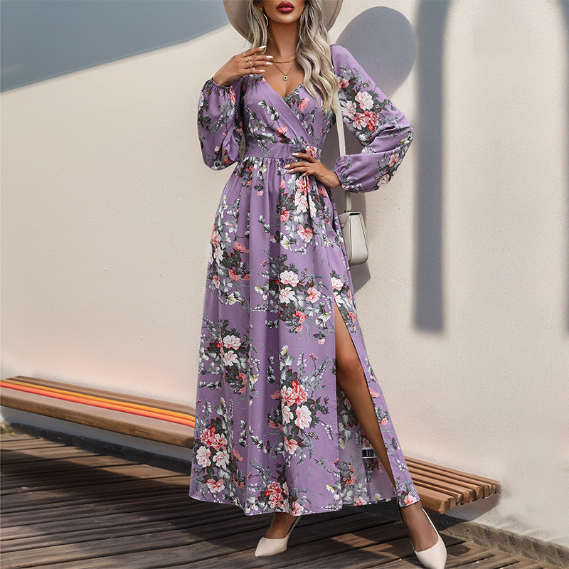 Women’s maxi dress with wrap effect, V-neck, waist gathering & side leg slit Mune Fashion