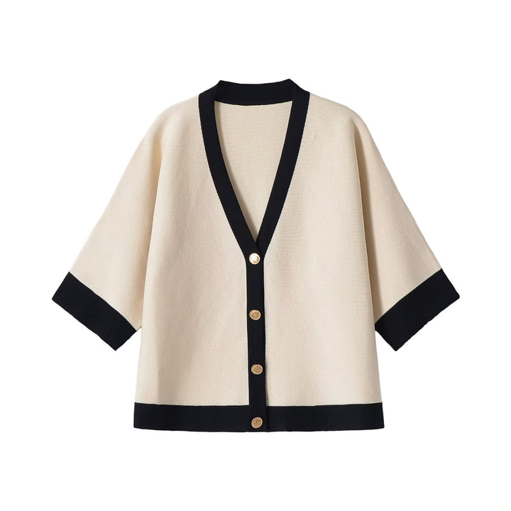 Women Short-Sleeved Knit Poncho Cardigan with Contrast Trim and Decorative Gold Buttons Mune Fashion