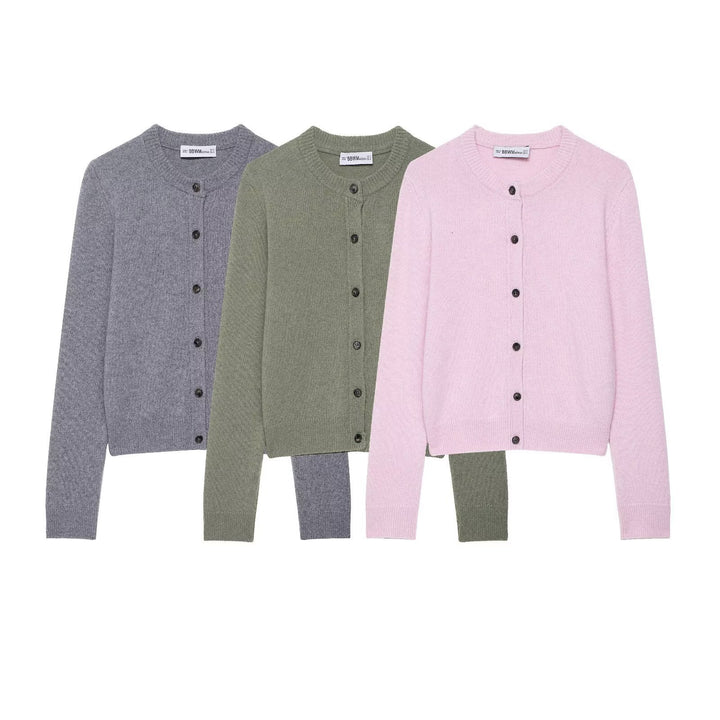 Women Short-Cut Fine Knit Cardigan with Round Neck and Ribbed Cuffs Mune Fashion