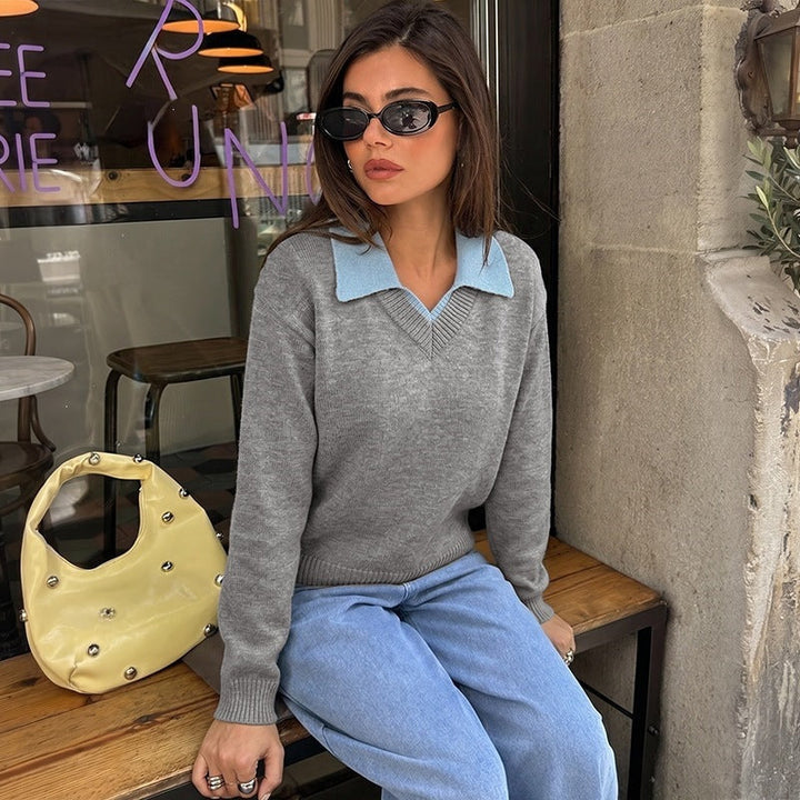 Women's fine knit polo sweater with contrasting shirt collar and V-neck Mune Fashion