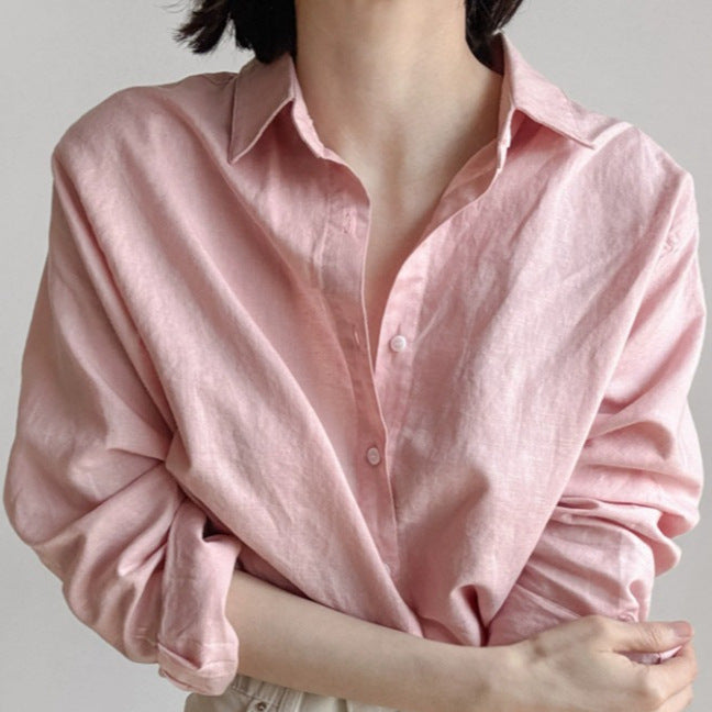 Women Loose Linen Shirt with Boxy Silhouette, Turned-up Cuff and Kent Collar Mune Fashion