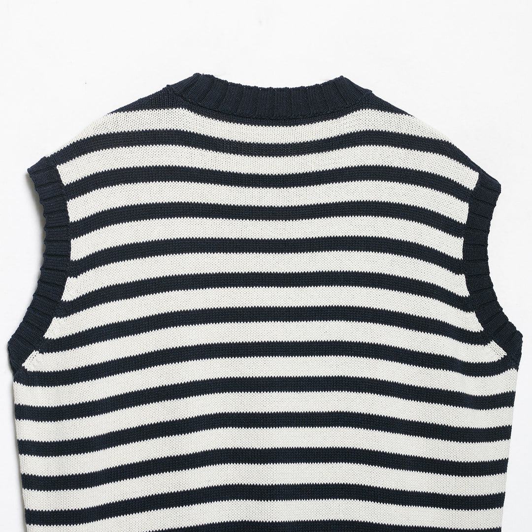 Women's Striped Knit Vest with Round Neck and Wide Ribbed Cuff Mune Fashion