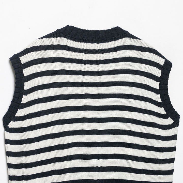 Women's Striped Knit Vest with Round Neck and Wide Ribbed Cuff Mune Fashion