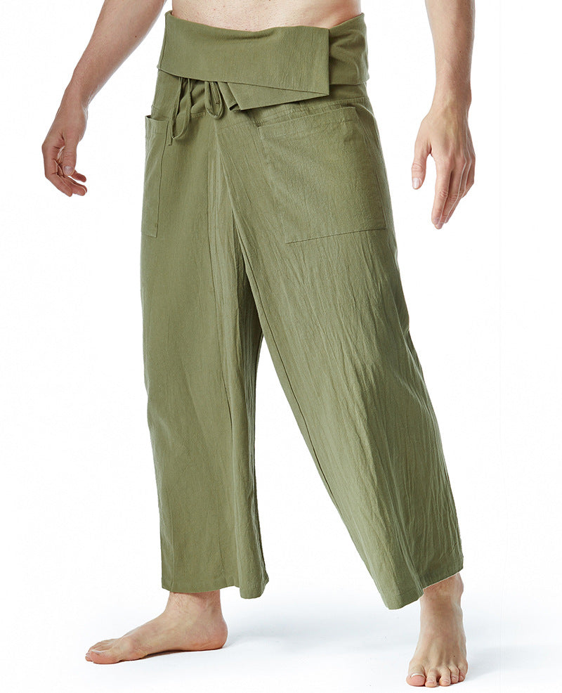 Men's loosely fitted linen harem pants with high foldover waistband and patch pockets Mune Fashion