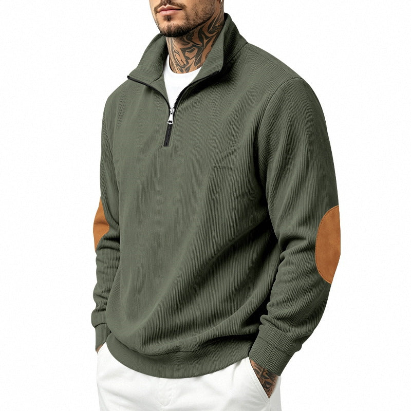 Men's fine knit half-zip sweater with cord structure and contrast elbow patches Mune Fashion