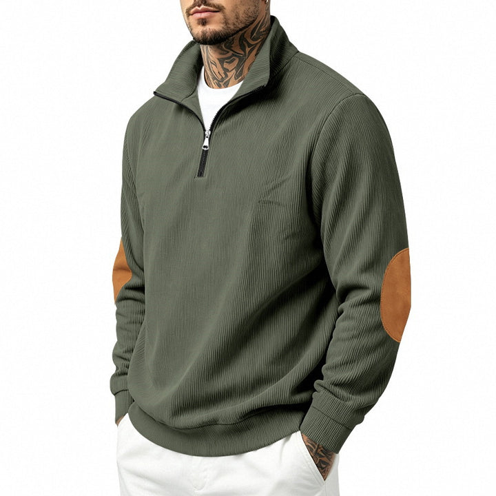 Men's fine knit half-zip sweater with cord structure and contrast elbow patches Mune Fashion