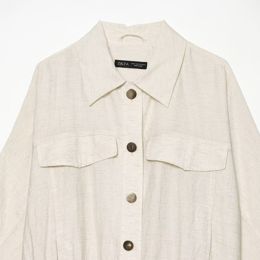 Women Loose-Fit Lightweight Shirt Jacket with Three-Quarter Sleeves, Chest Pockets and Elastic Hem Mune Fashion