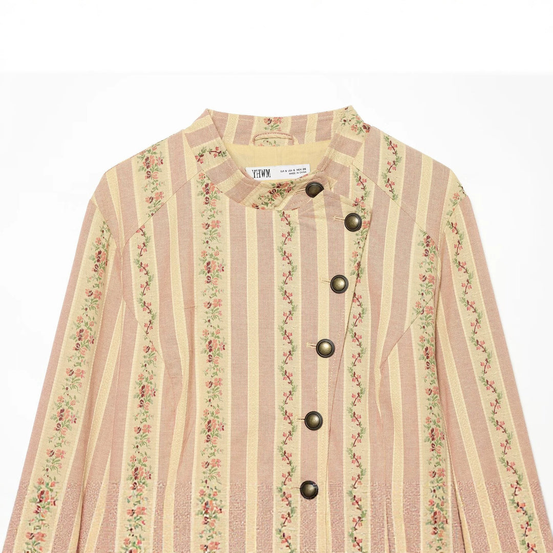 Women Striped Short Jacket in Vintage Look with Stand-Up Collar and Asymmetrical Button Placket Drune