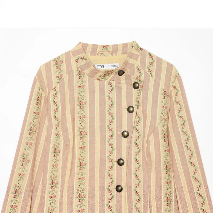 Women Striped Short Jacket in Vintage Look with Stand-Up Collar and Asymmetrical Button Placket Drune