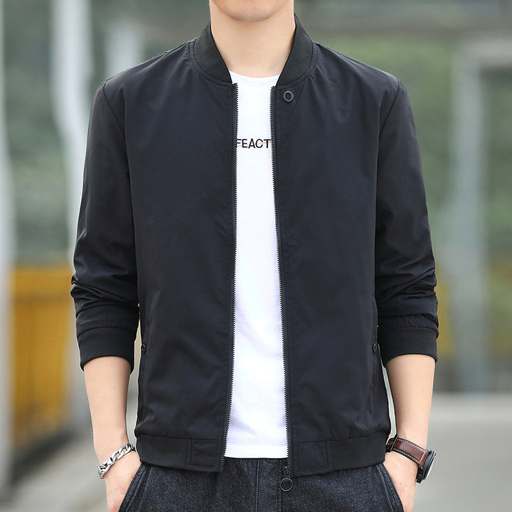 Men's Minimalist Nylon Bomber with Concealed Two-Way Zipper and Ribbed Collar Mune Fashion