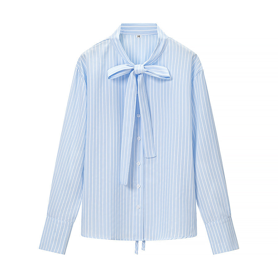 Women Striped Blouse with Bow Collar and Full Button Placket Mune Fashion
