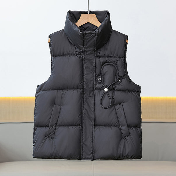 Women's lightweight padded quilted vest with high stand-up collar and decorative cord applique Mune Fashion