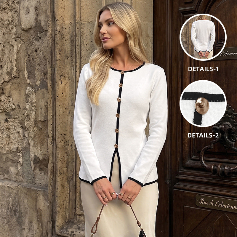 Ladies Elegant Long Sleeve Cardigan with Contrast Seams Mune Fashion