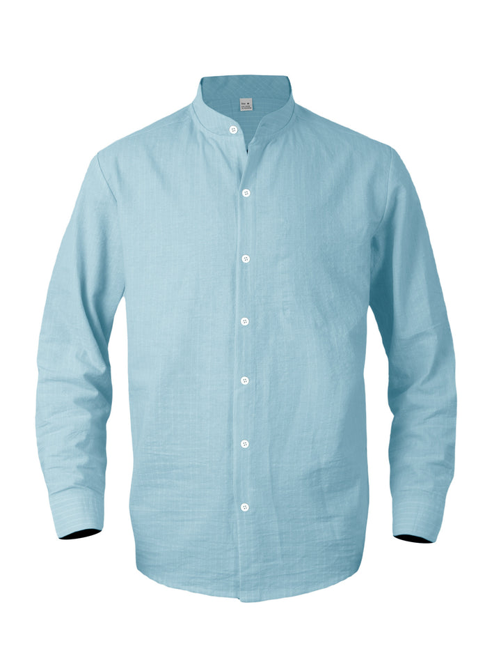Men's striped stand-up collar shirt made of linen-cotton blend with button placket Mune Fashion