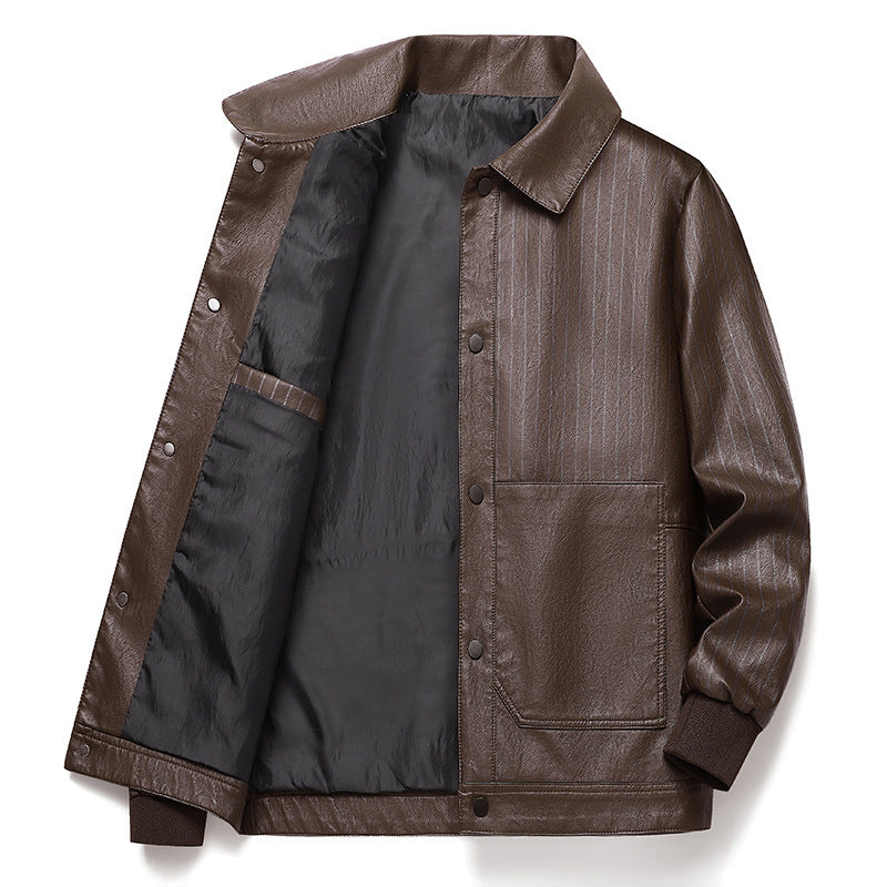 Men's Pinstripe Faux Leather Trucker Jacket with Snap Front and Ribbed Cuffs Mune Fashion