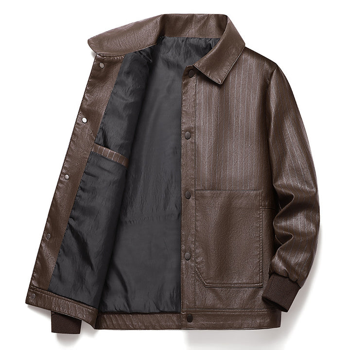 Men's Pinstripe Faux Leather Trucker Jacket with Snap Front and Ribbed Cuffs Mune Fashion