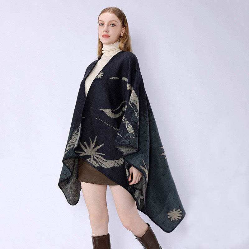 Women's Oversized Jacquard Wrap Cape made of fine knit with asymmetrical hem Mune Fashion