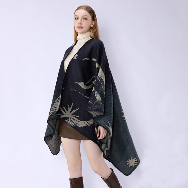 Women's Oversized Jacquard Wrap Cape made of fine knit with asymmetrical hem Mune Fashion