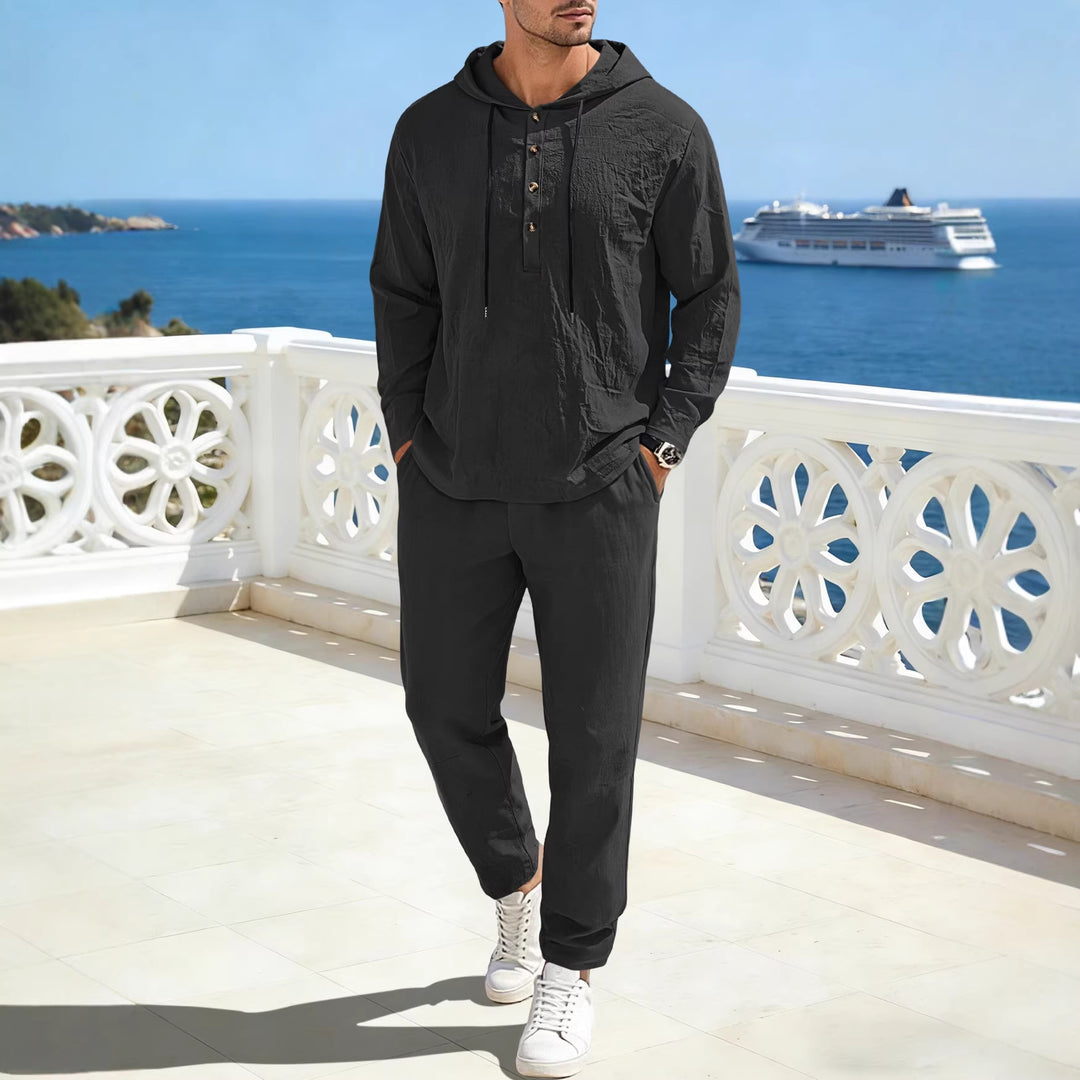 Men's relaxed hoodie Henley leisure suit made of lightweight cotton blend with linen look, featuring drawstring and elastic waistband pants Mune Fashion