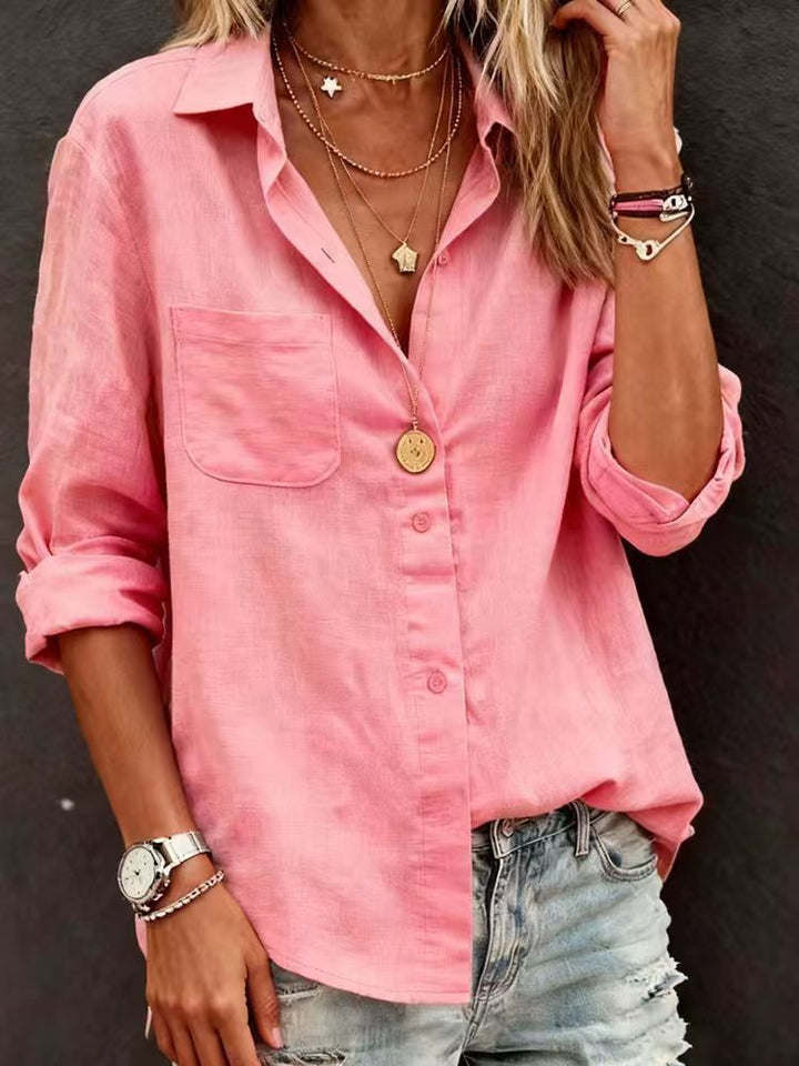Ladies linen blouse with casual cut and practical breast pocket Mune Fashion