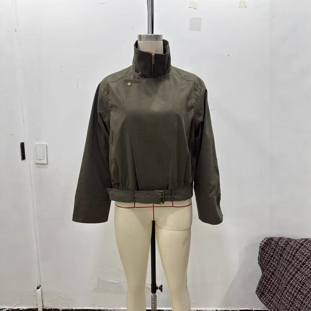 Women's short jacket with high stand-up collar, concealed zipper, and waist belt Mune Fashion