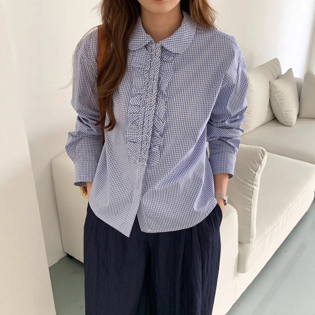 Damen Karierte Bluse mit Rüschendetails Mune Fashion