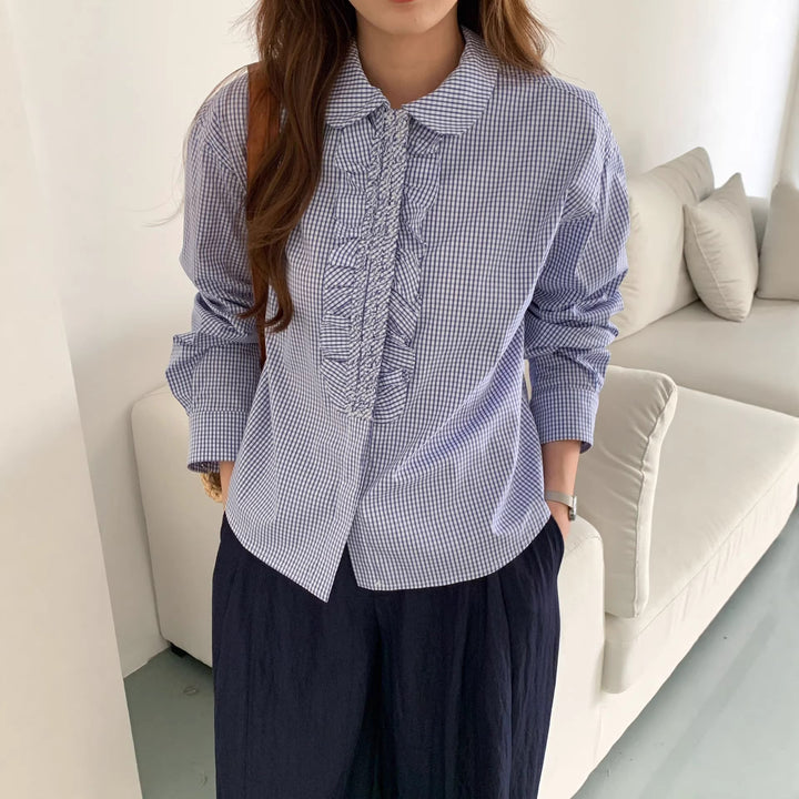 Damen Karierte Bluse mit Rüschendetails Mune Fashion
