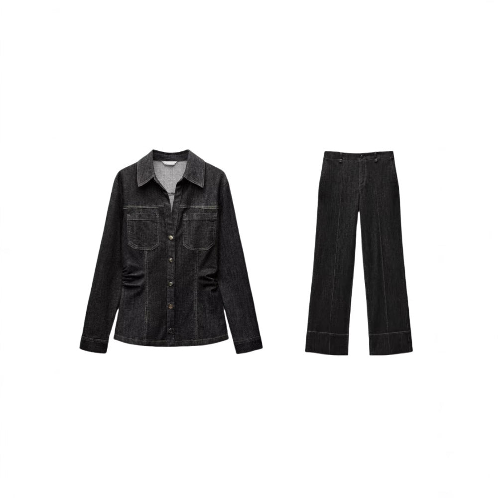 Women's high-waisted wide flare trousers in corduroy look with visible center seam and wide cuff Mune Fashion