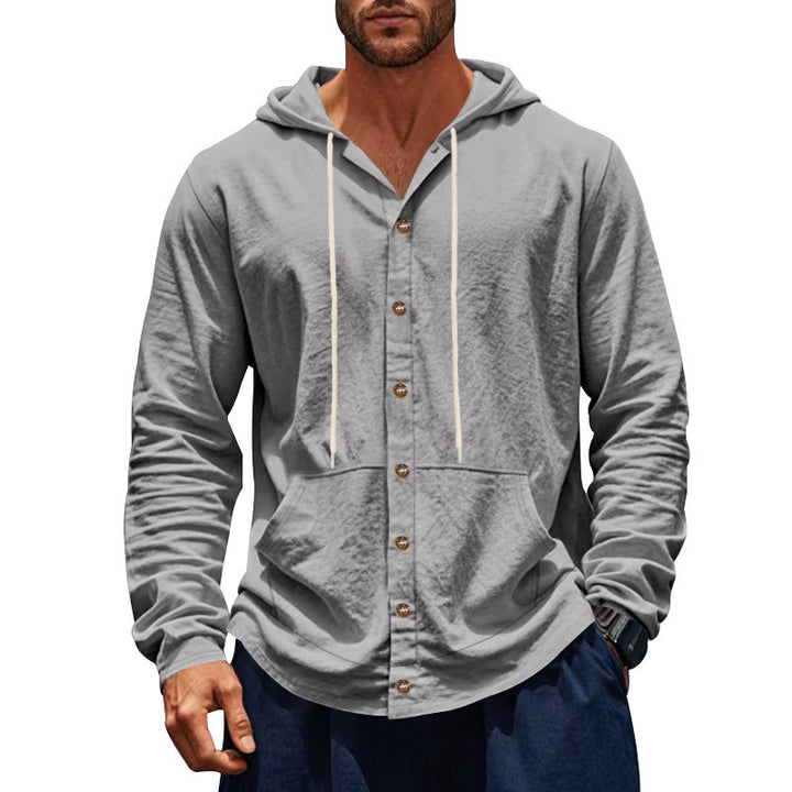 Men's slim-fit hoodie cardigan with full button placket, mounted kangaroo pocket, and lightweight structured knit Mune Fashion