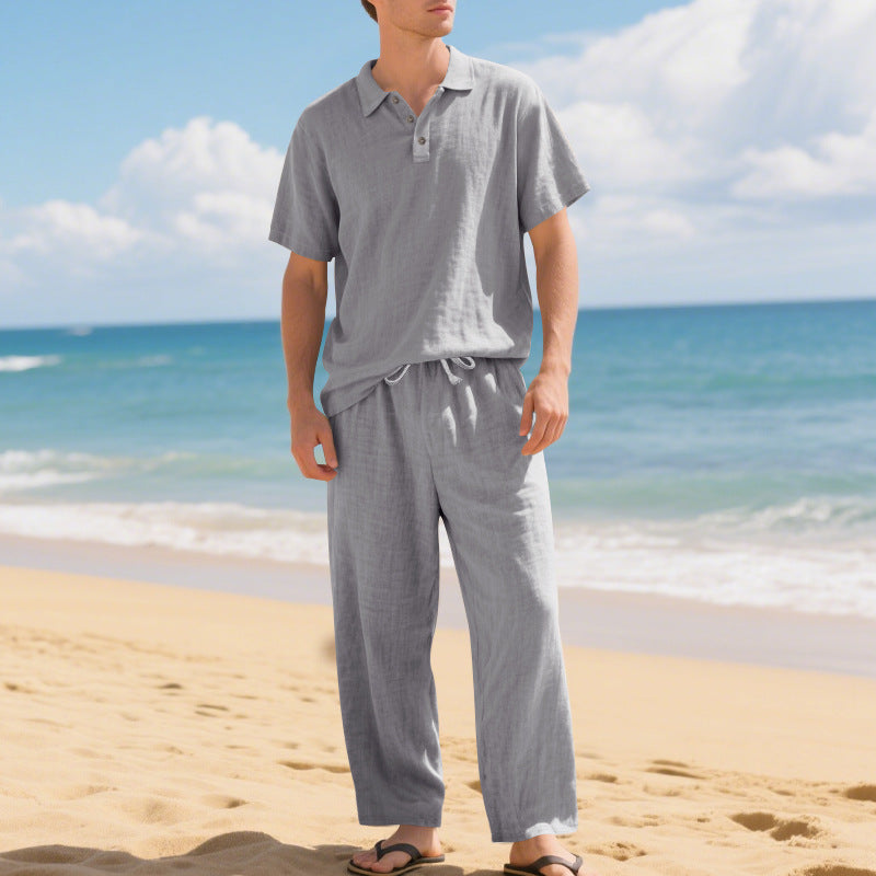 Men's airy linen ensemble with polo collar and adjustable waistband pants Mune Fashion