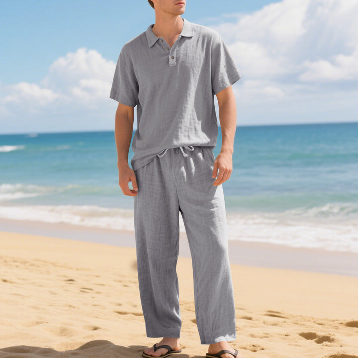 Men's airy linen ensemble with polo collar and adjustable waistband pants Mune Fashion
