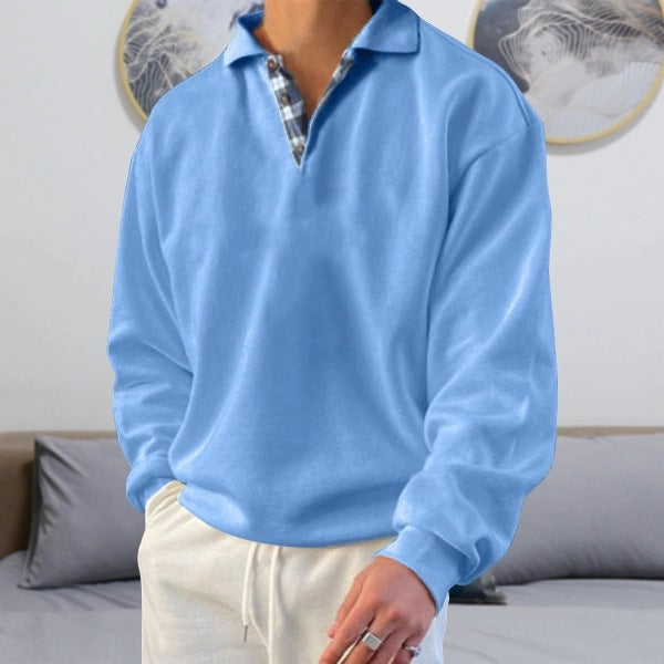 Men's casual long sleeve polo with open V-neck, shirt collar, and check inside placket Mune Fashion