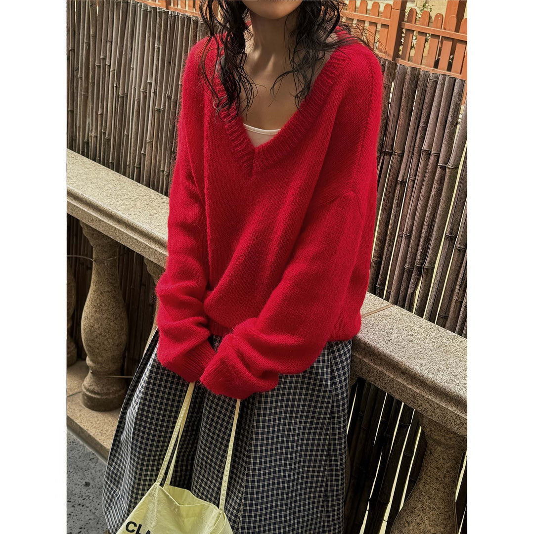 Women Oversize Mohair-Mix V-Neck Pullover with Extra Wide Sleeve Mune Fashion