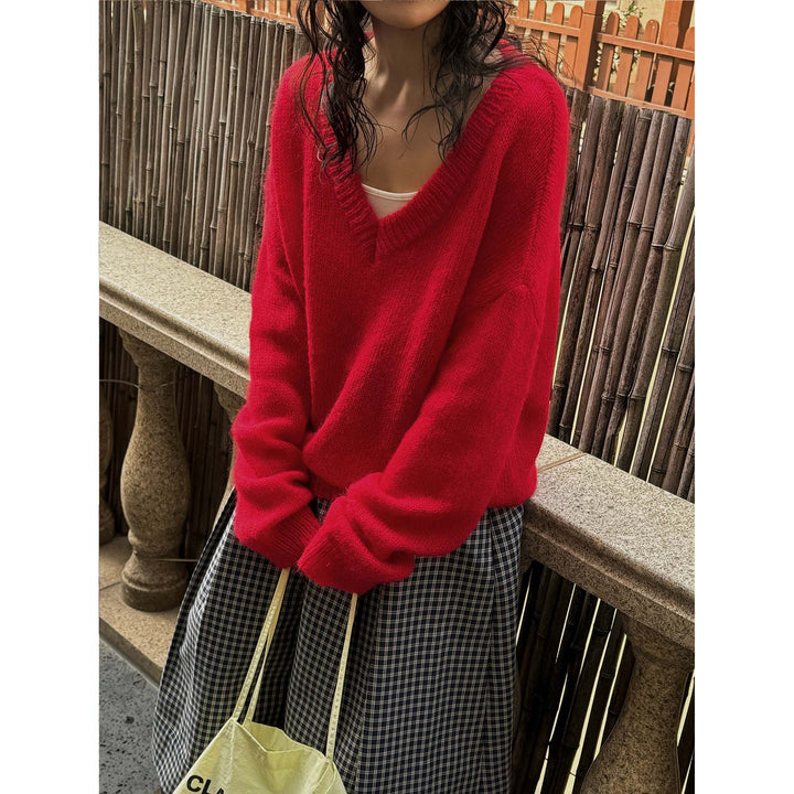 Women Oversize Mohair-Mix V-Neck Pullover with Extra Wide Sleeve Mune Fashion