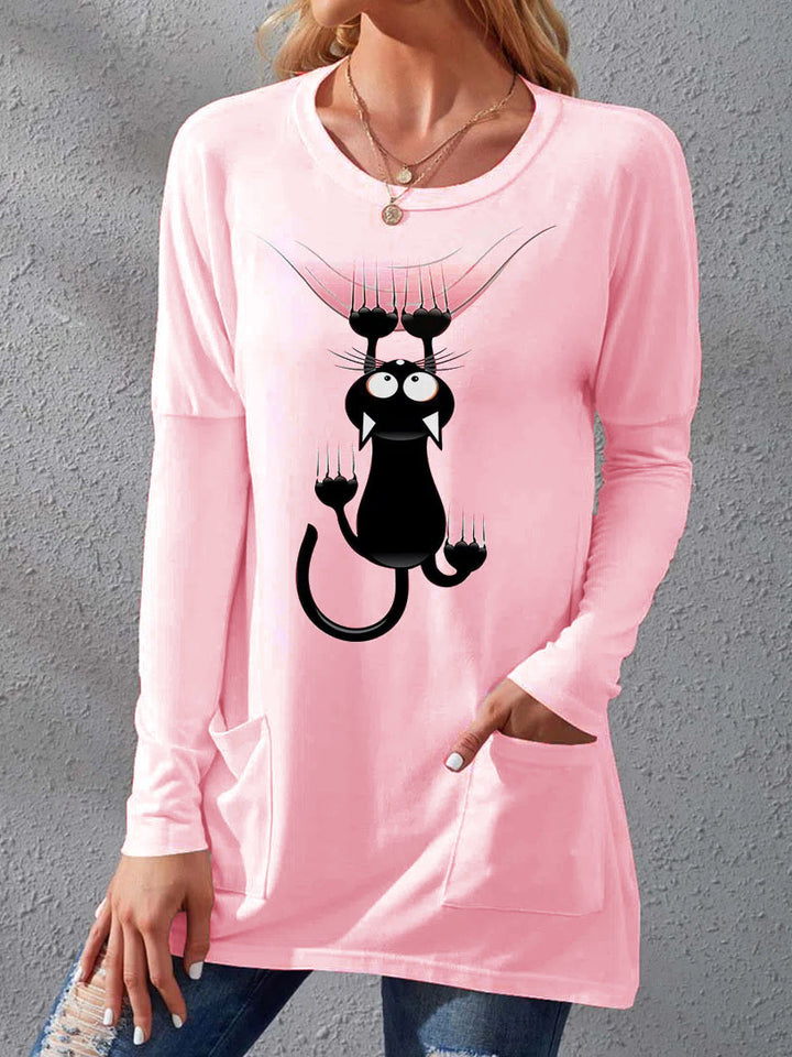 Women’s Longer Cotton Blend Tunic Shirt with Cartoon Cat Print and Side Pockets Mune Fashion