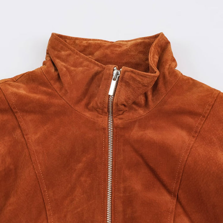 Women's short-cut suede jacket in blouson style with tailored darts and metal zippers Drune