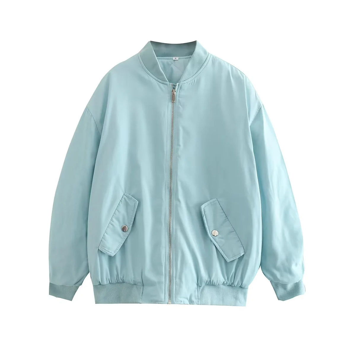 Ladies oversized bomber jacket with stand-up collar, zipper and snap button pockets Mune Fashion
